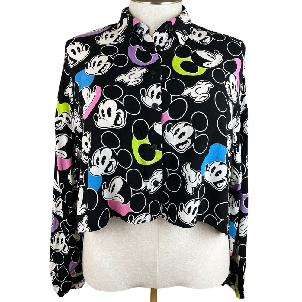 Disney Black Rayon Cropped Button up Shirt w/ Vibrant Mickey Mouse Print, Large